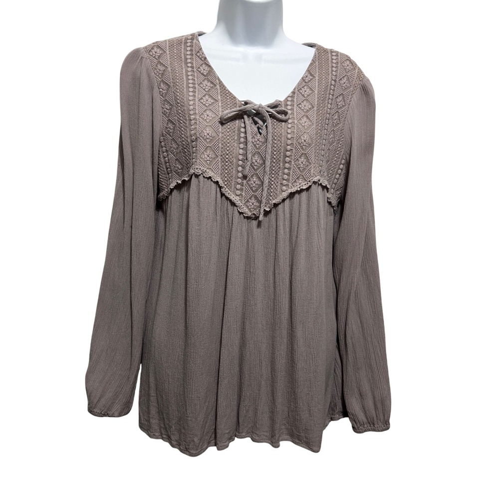 Maurices Women Boho Romantic Babydoll‎ Top M Taupe Lace Crochet Peasant Earthy